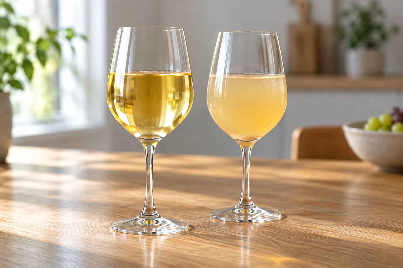 Two glasses of amber wine showing different levels of haze and sediment