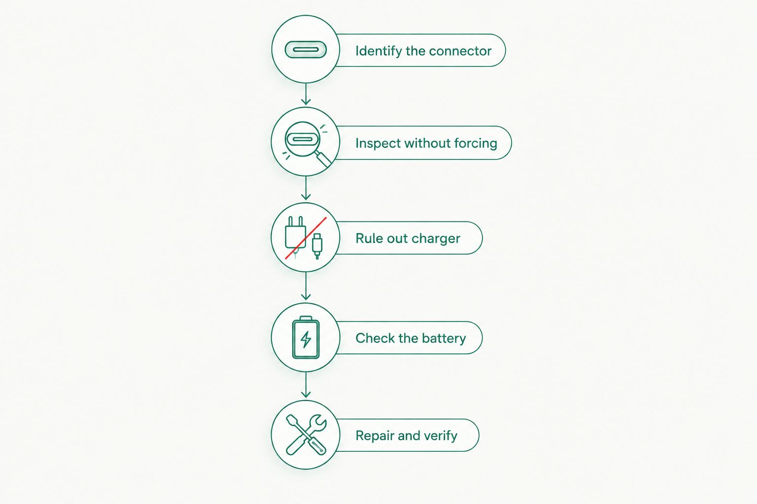 Diagnostic sequence from identifying the charging connector to repairing and verifying the console
