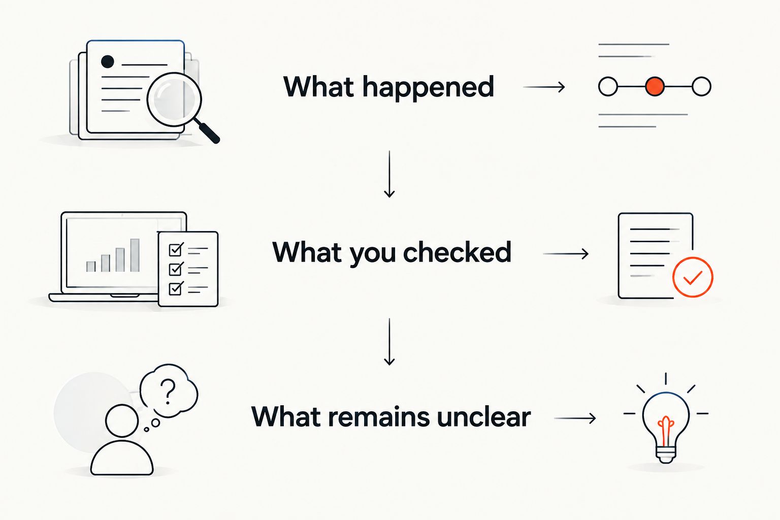 Three parts of an encounter account: what happened, what you checked and what remains unclear.