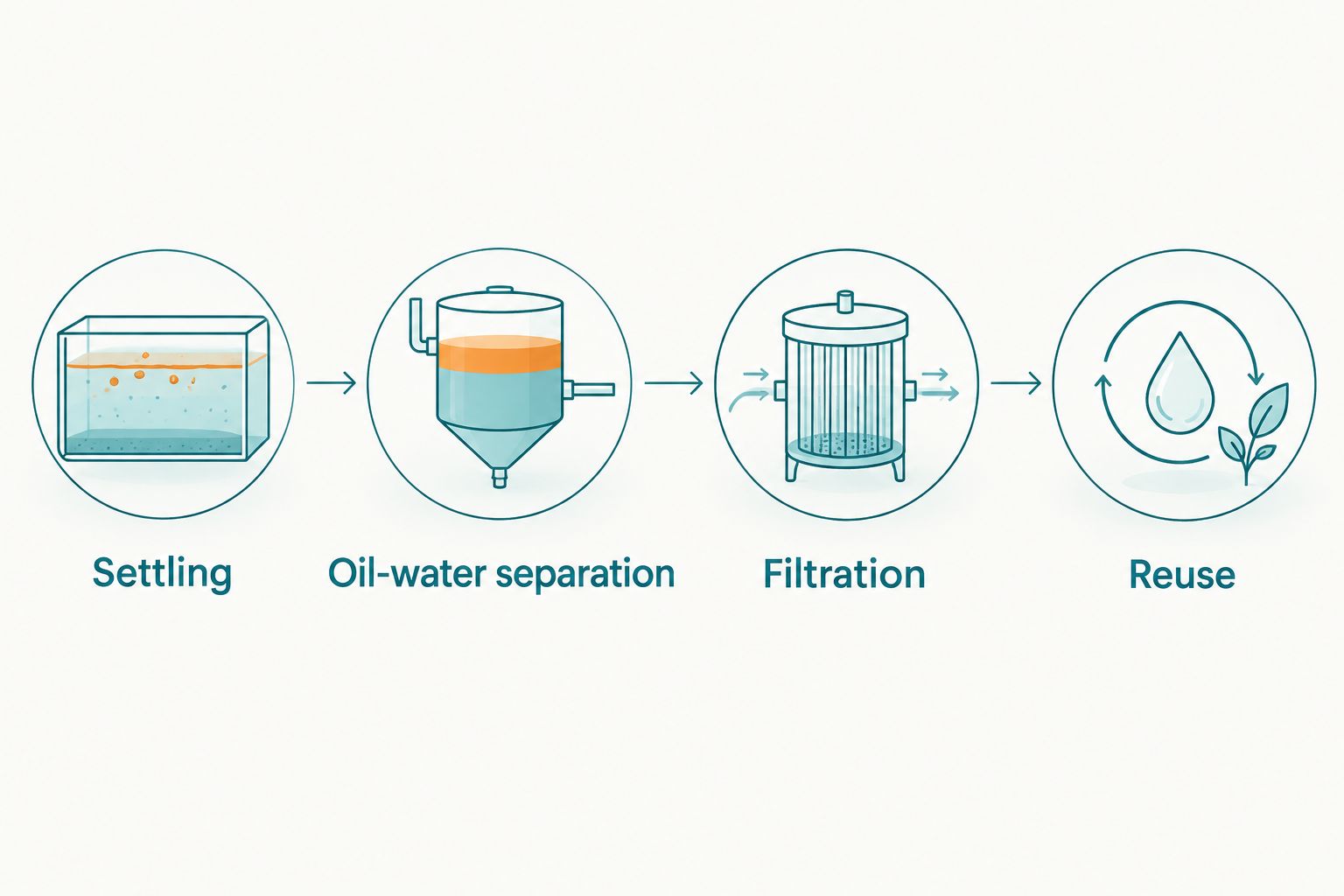 Four-stage wash water treatment flow from settling to reuse