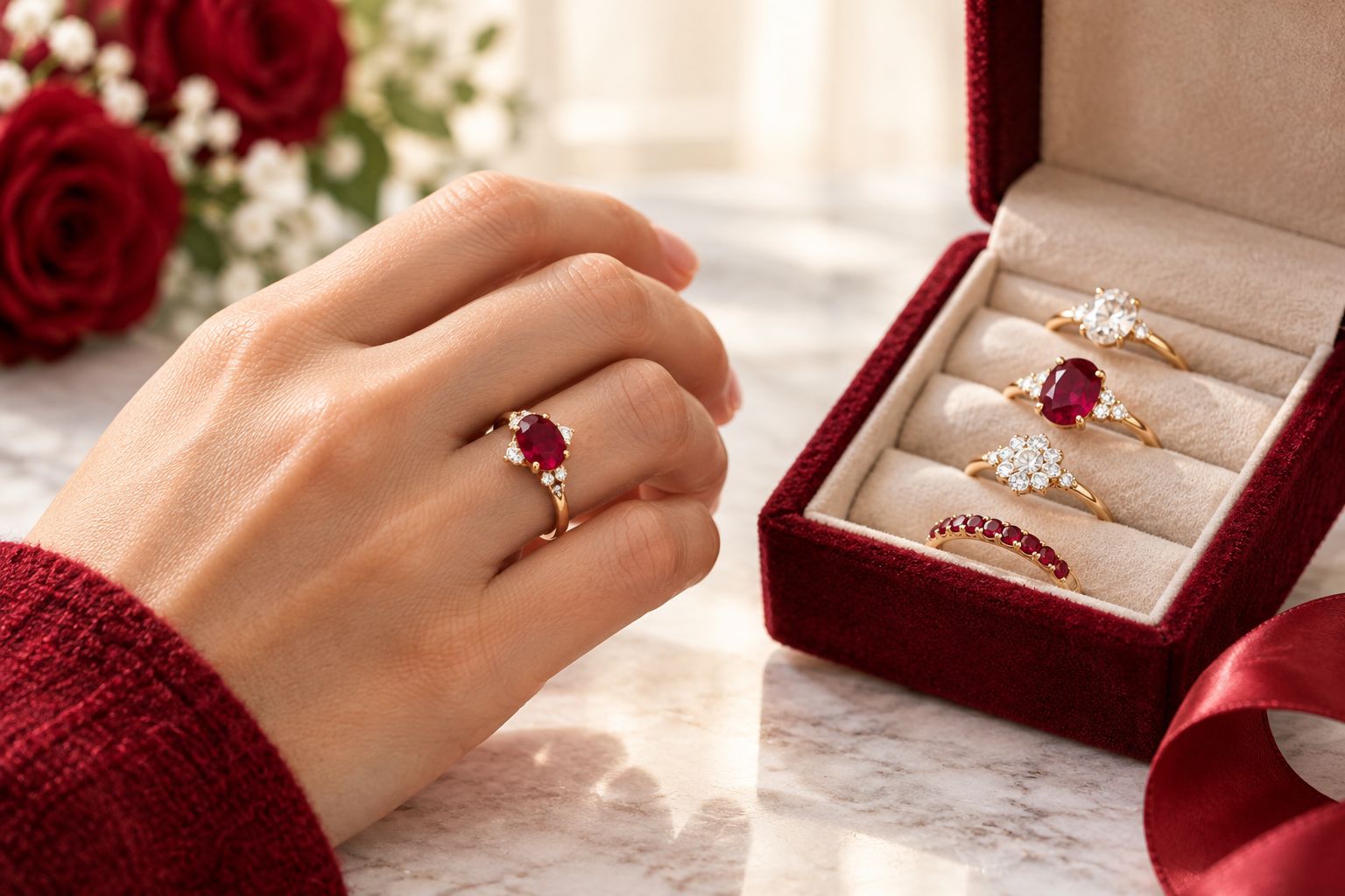 A red gemstone ring compared against existing rings in a jewellery box