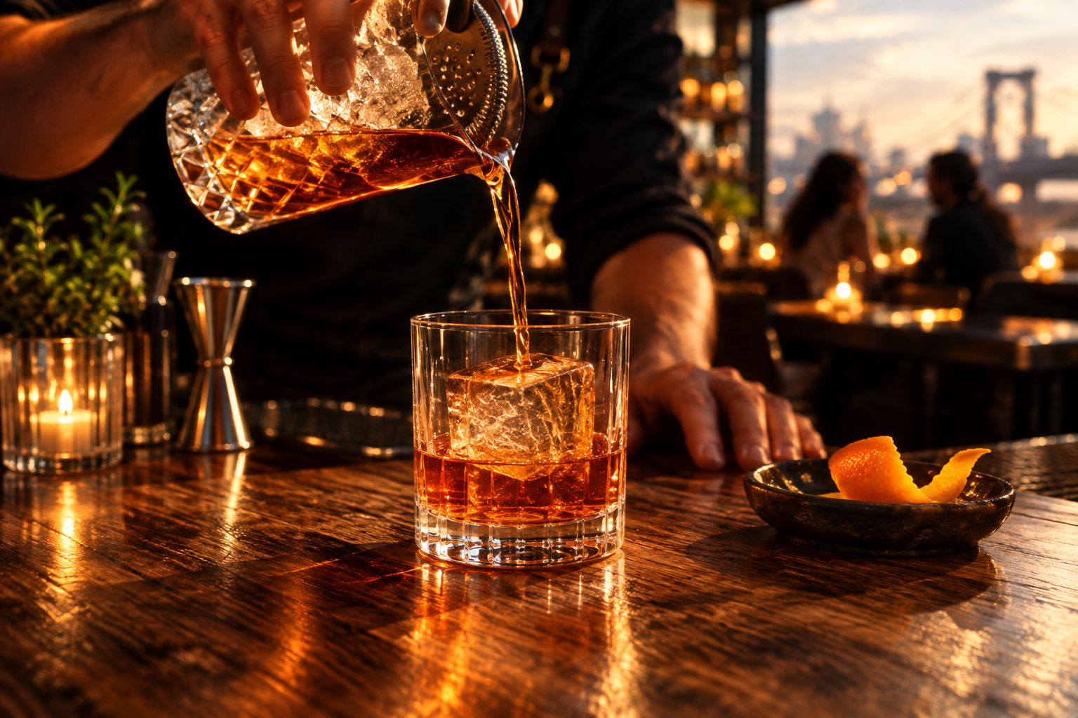 Bartender pouring an amari cocktail at a dimly lit neighborhood bar