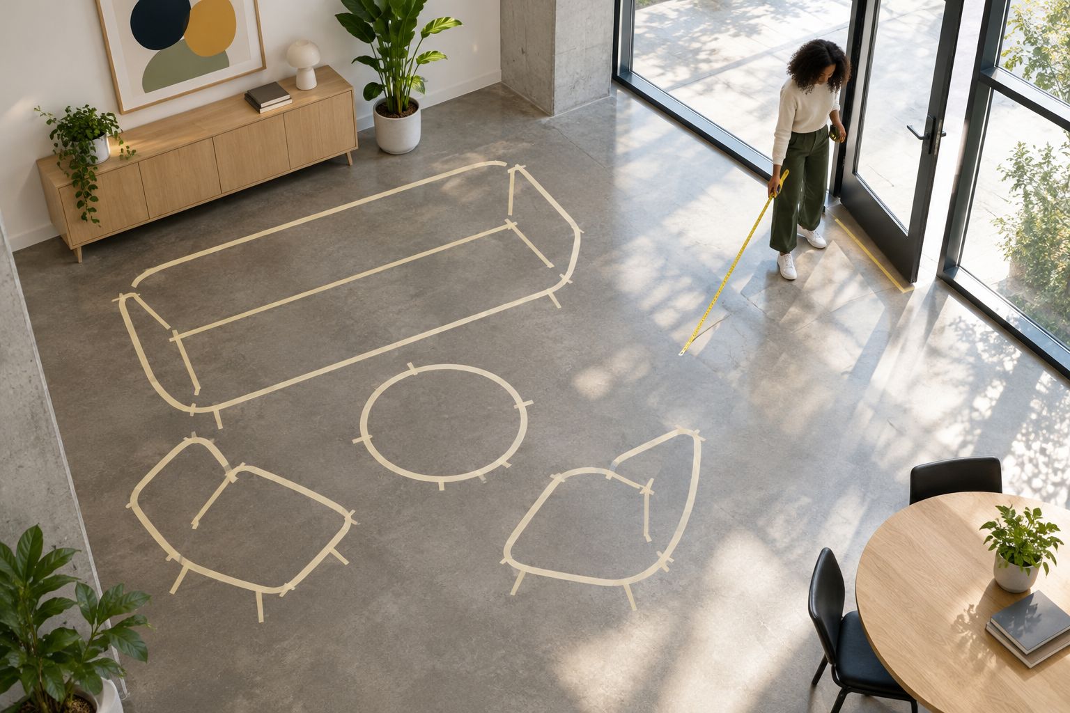 Floor tape marks proposed seating footprints beside a clear office entrance route