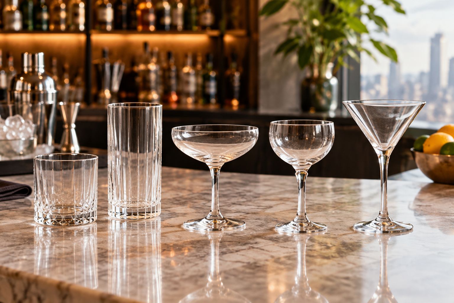 Rocks, highball, coupe, Nick & Nora, and martini glass shapes shown side by side