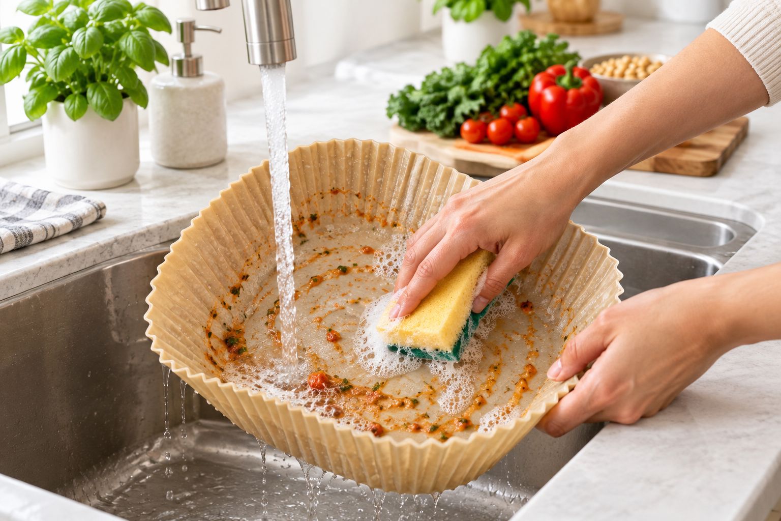 A reusable silicone air-fryer basket being washed after a plant-based meal