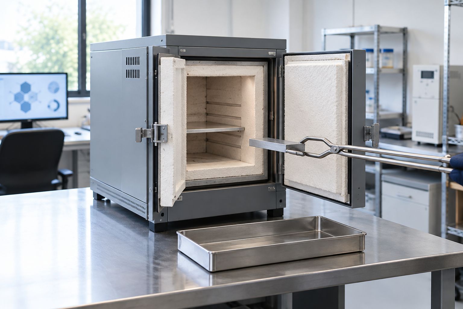 Cold rehearsal of specimen removal beside an unenergized laboratory furnace