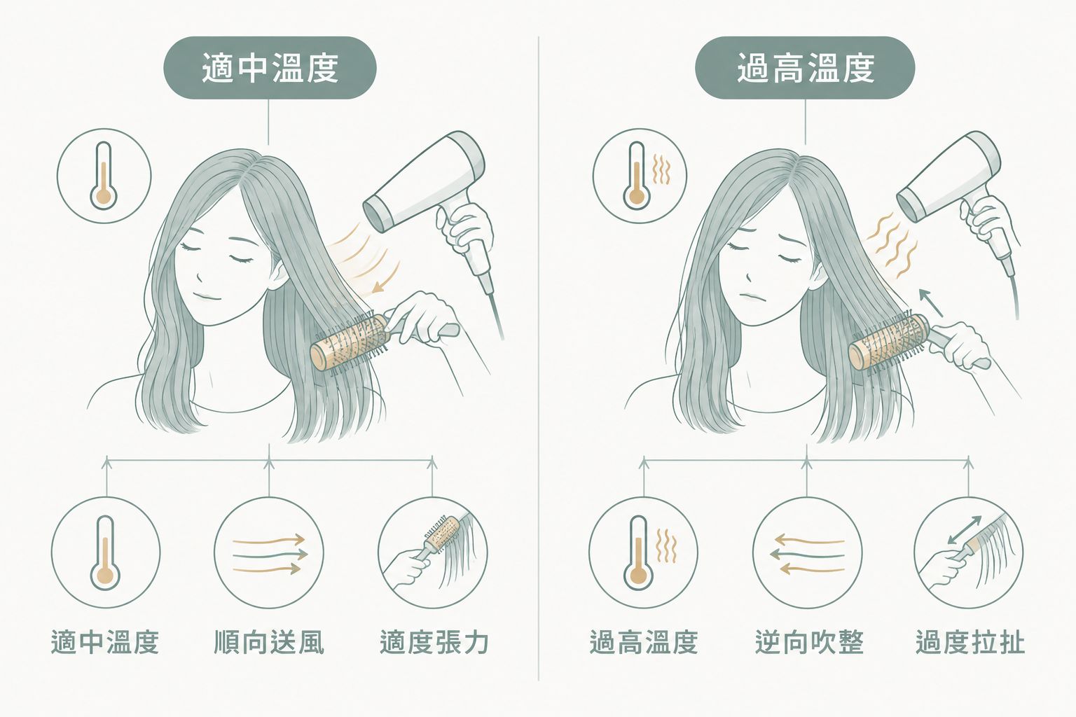 正確與錯誤圓刷吹頭方法的兩欄比較圖