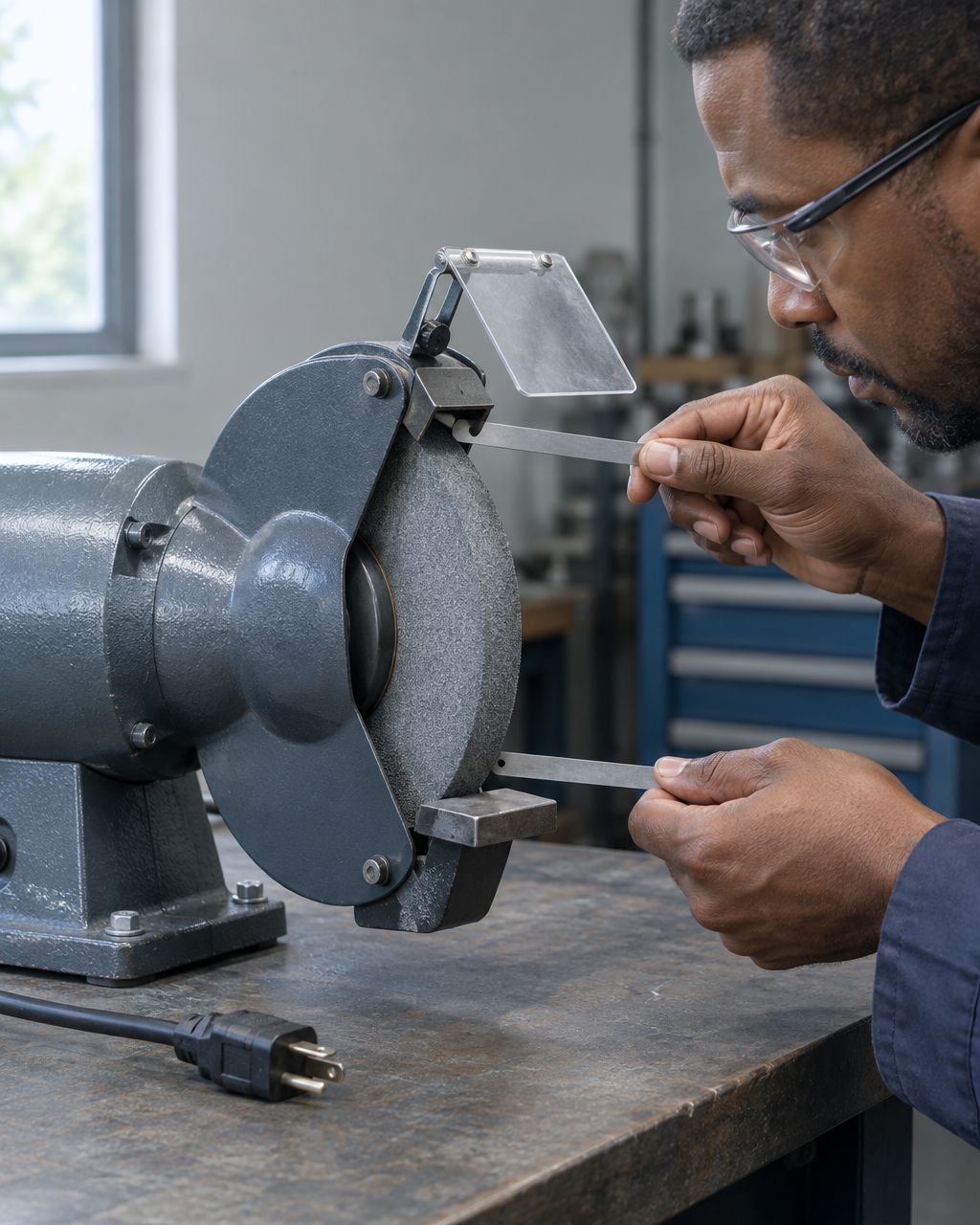 Illustrative close-up of an unplugged, stopped bench grinder as a machinist checks the upper tongue guard and lower work rest openings with metal gauges; not a GigLine facility or client.