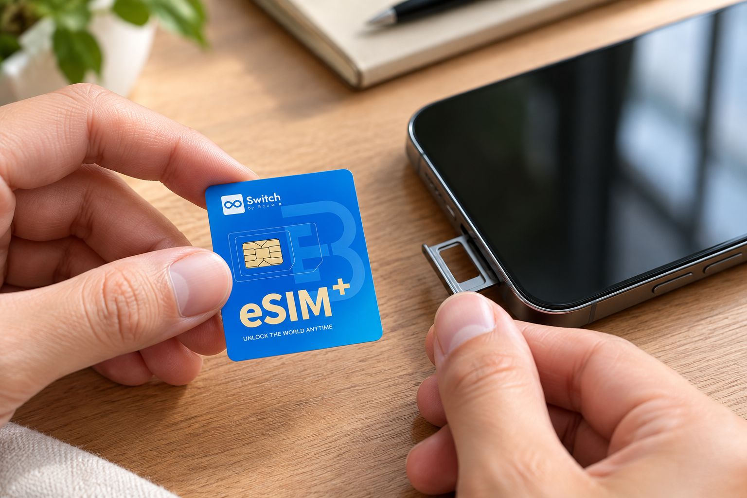 Physical eSIM adapter card being inserted into a phone SIM tray