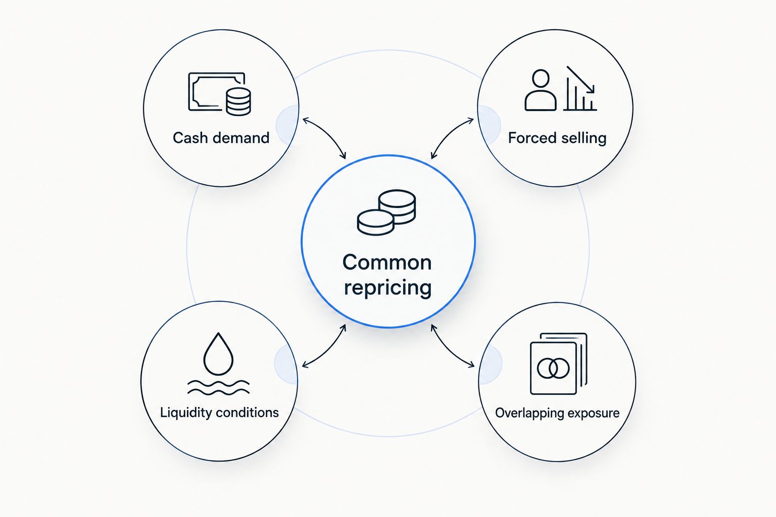 Shared repricing connected to cash demand, forced selling, liquidity conditions and overlapping exposure