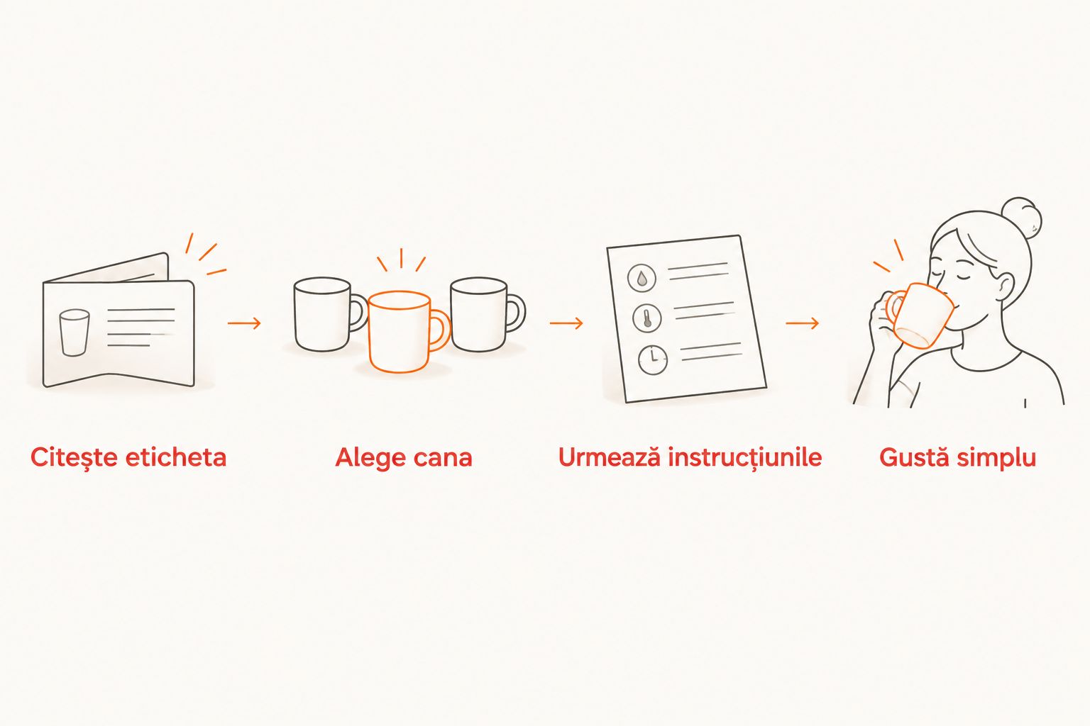 Pașii de preparare: eticheta, alegerea cănii, instrucțiunile și degustarea fără adaosuri.