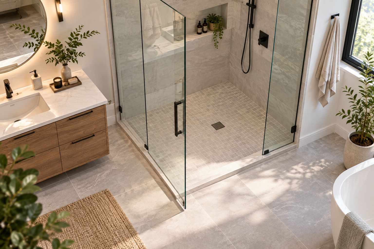 Glass shower door opening beside a vanity, showing the entry and nearby clearance