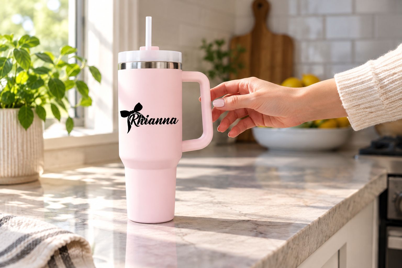 Personalized name decal with a bow on a tumbler on a kitchen counter