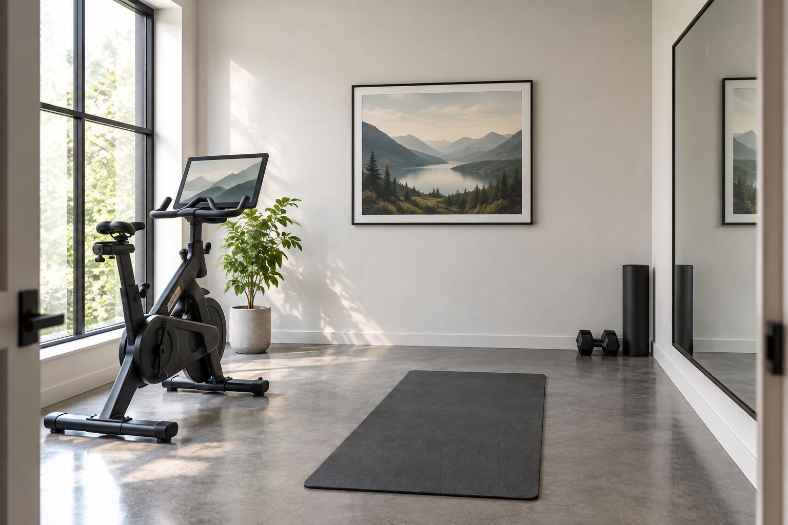 Home gym with a landscape picture on a separate wall from the mirror and exercise equipment