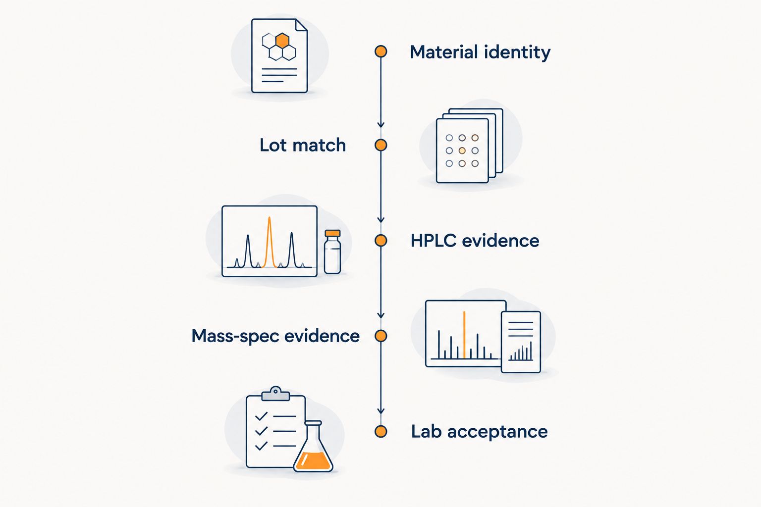 Five-stage certificate review from material identity and lot match to laboratory acceptance.