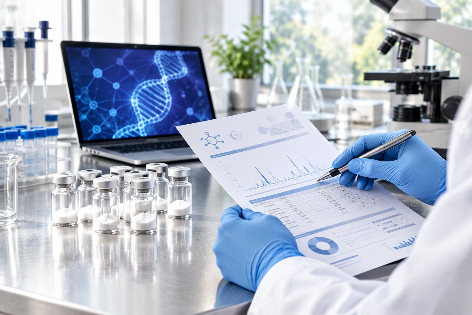 Lab bench with peptide vials and a Certificate of Analysis document