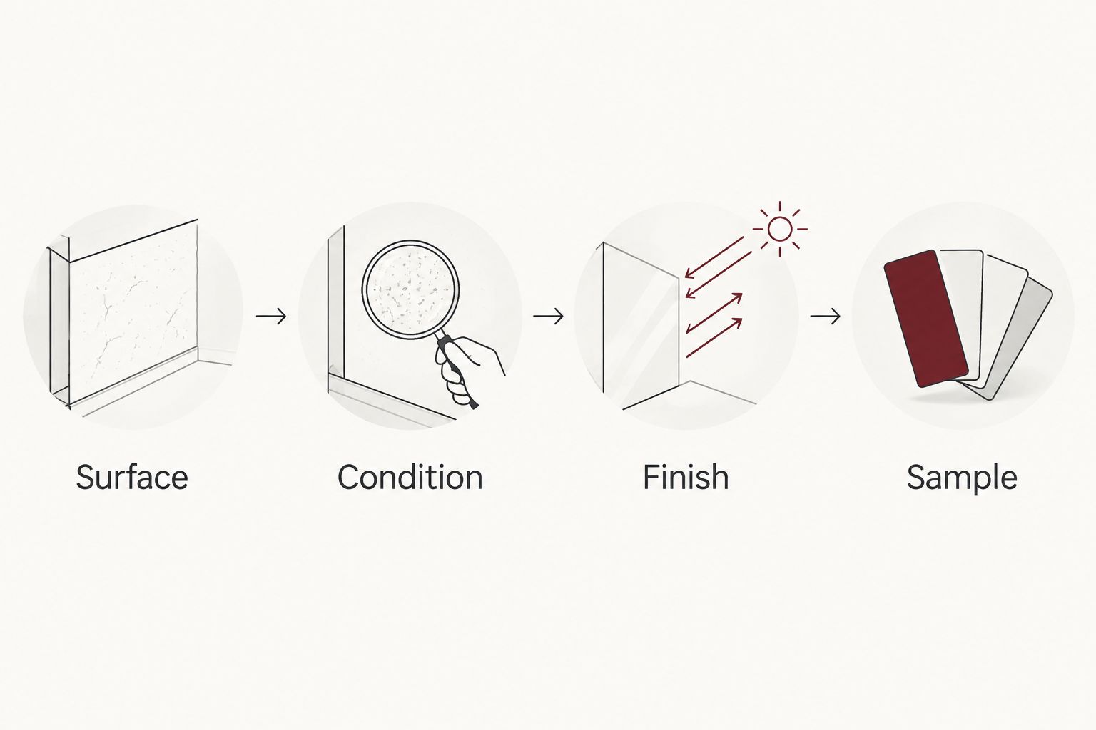 Four checks for choosing paint: surface, condition, finish and sample