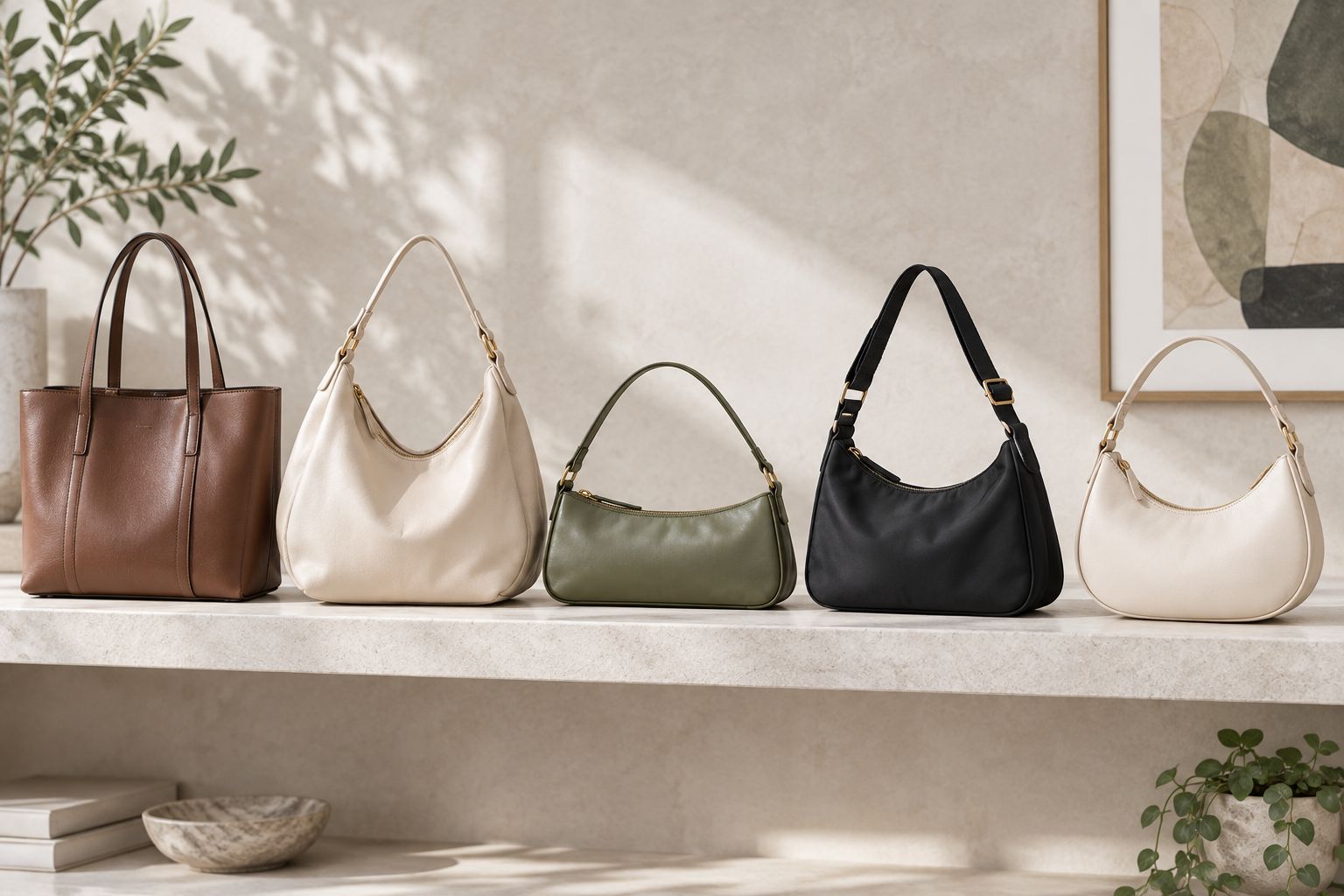 Five unbranded shoulder-bag silhouettes arranged side by side