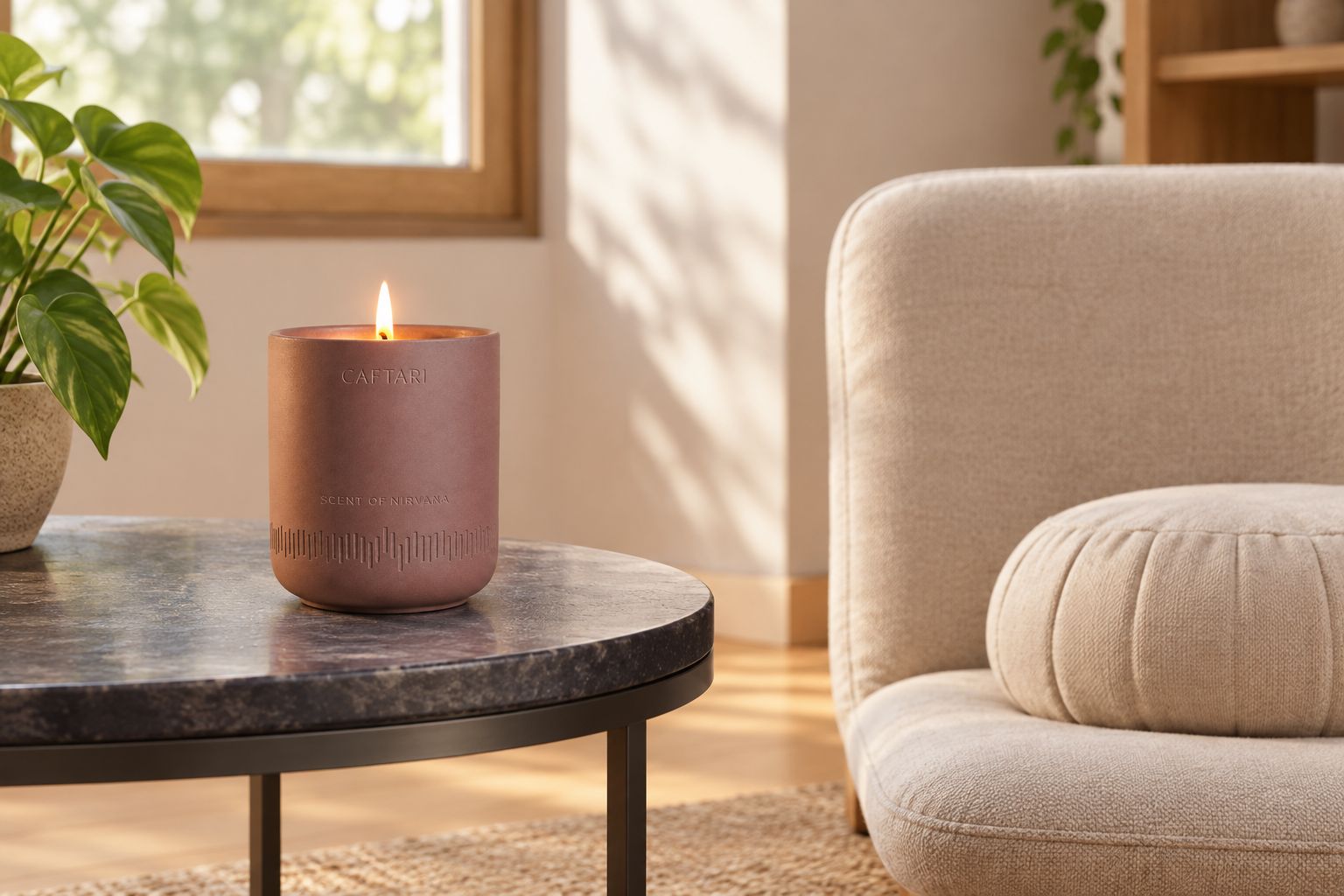 A meditation candle on a clear side table beside a chair in a quiet home corner