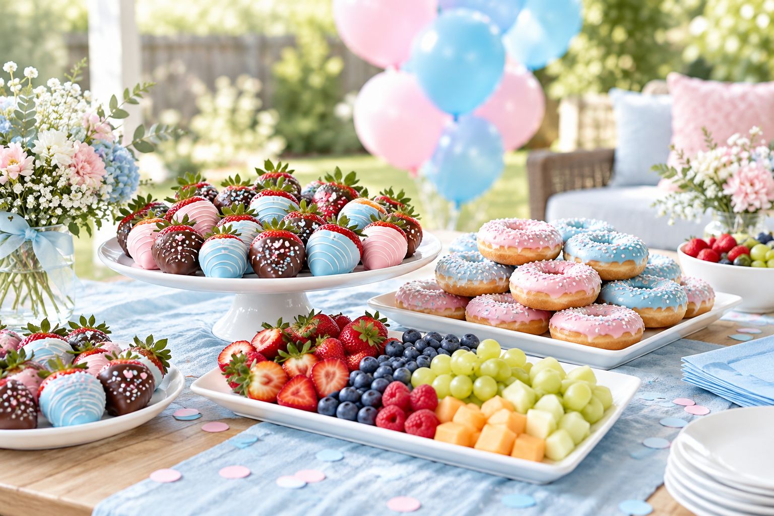 Backyard dessert table with strawberries, donuts and fruit for a gender reveal party