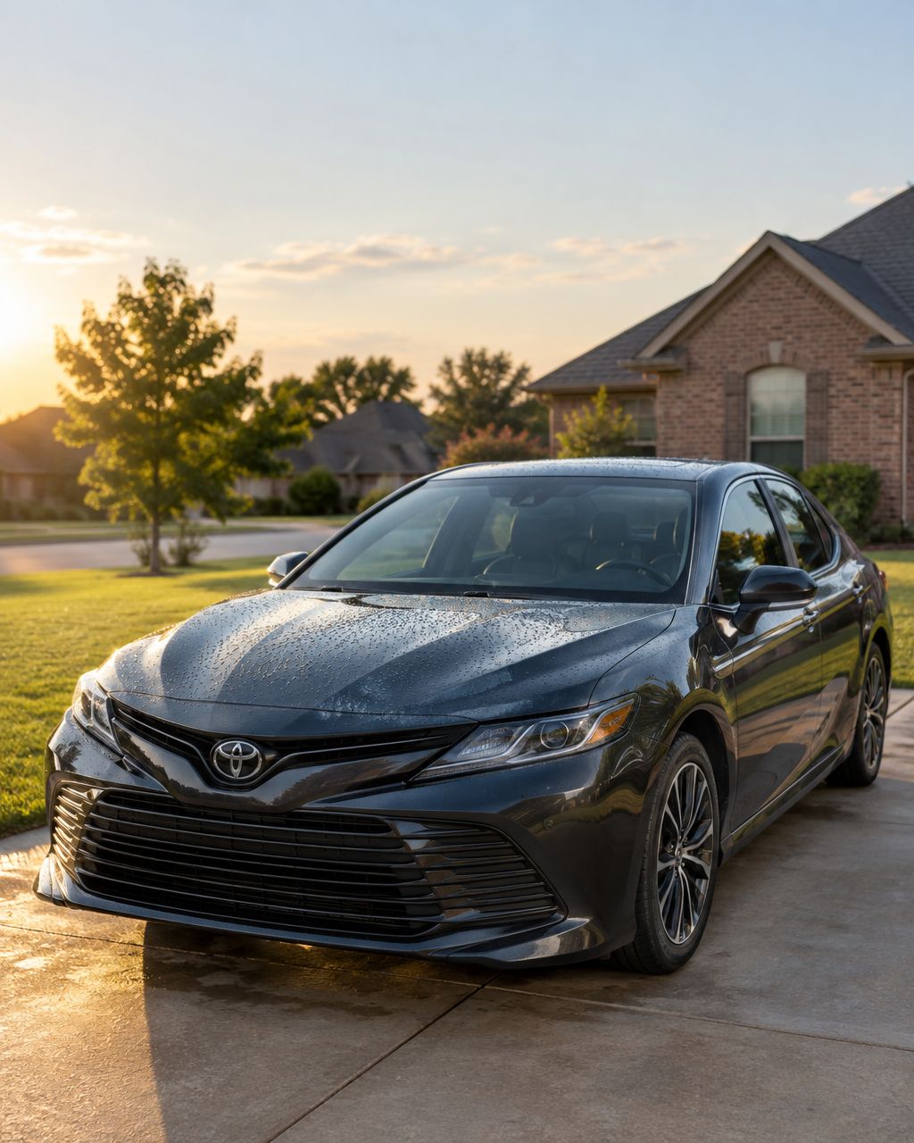 Water beads on the freshly waxed hood of a dark sedan in an Oklahoma City driveway