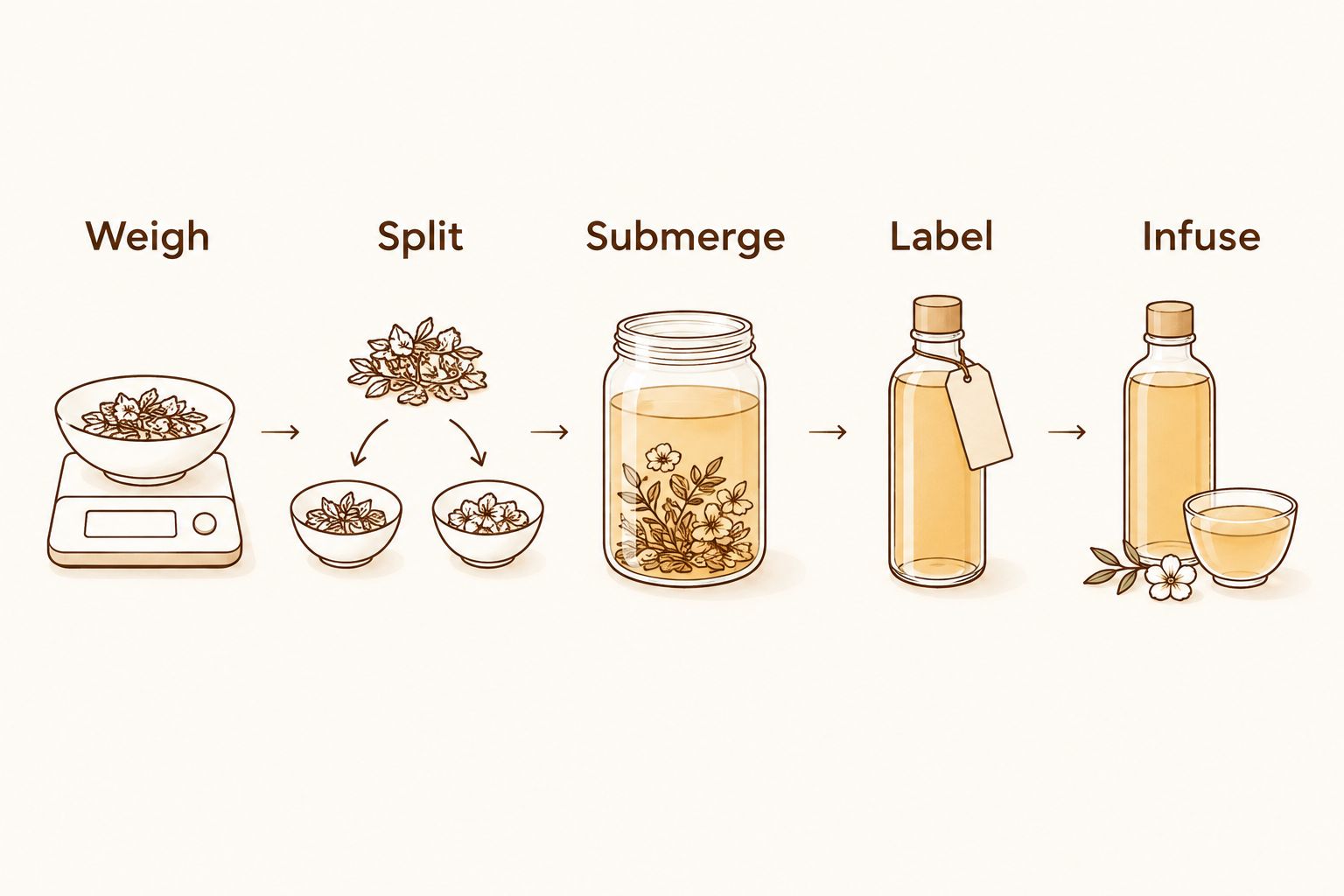 Five steps for homemade vanilla extract: weigh, split, submerge, label, and infuse.