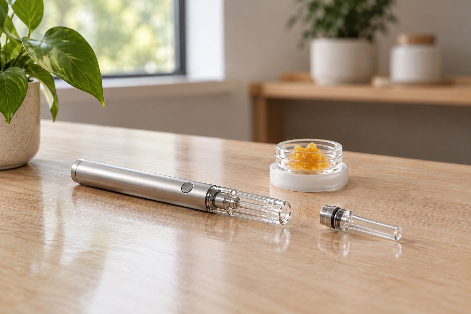 Electric dab straw beside a stable container with space to set the tip down