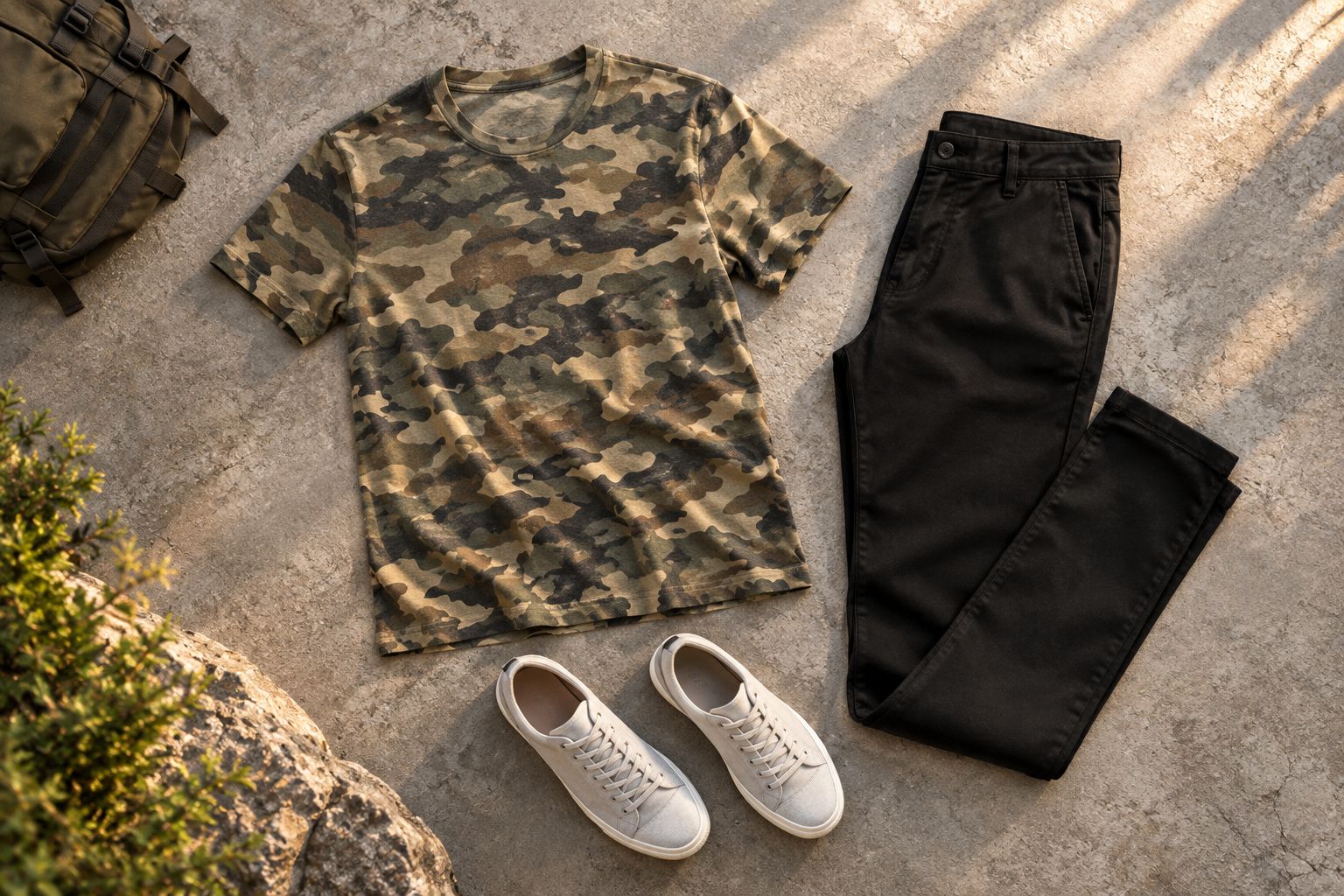 Generic camouflage tee styled with plain black trousers and simple sneakers