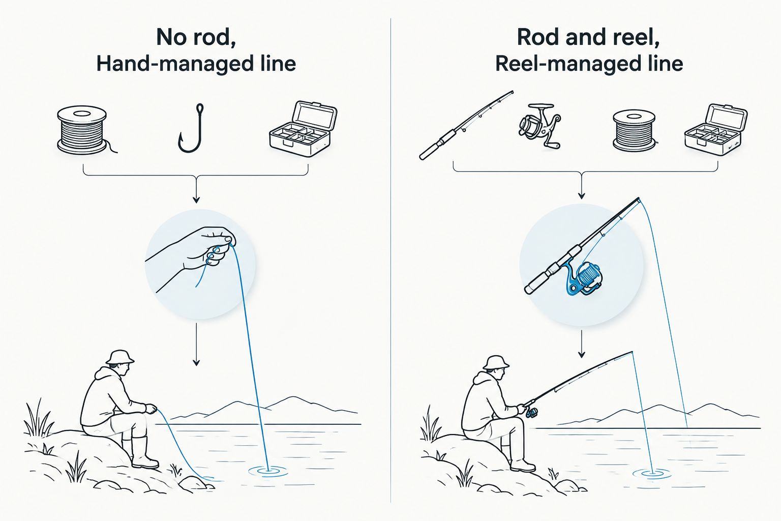 Side-by-side comparison of a rodless hand reel and a travel rod with spinning reel