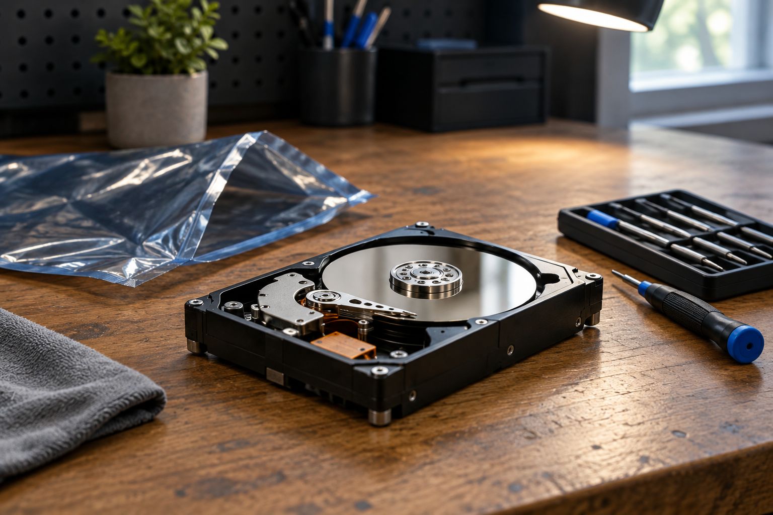 Old hard drive on a repair bench next to an anti-static bag