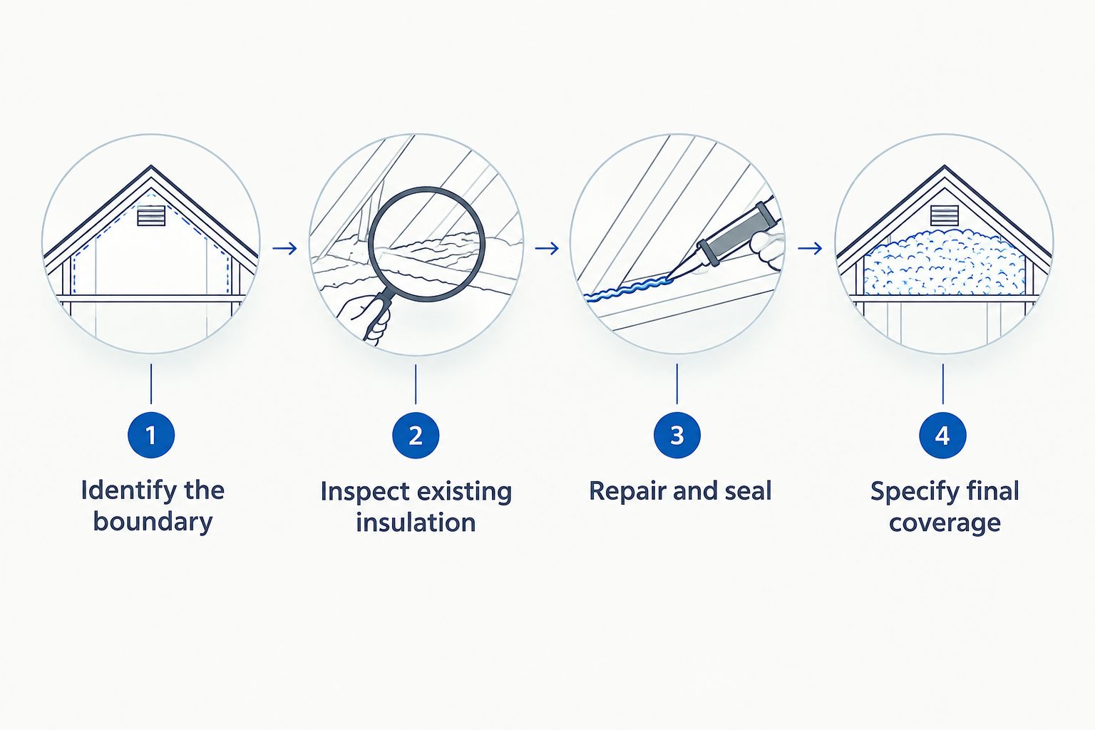 Attic insulation planning sequence from identifying the boundary to specifying final coverage
