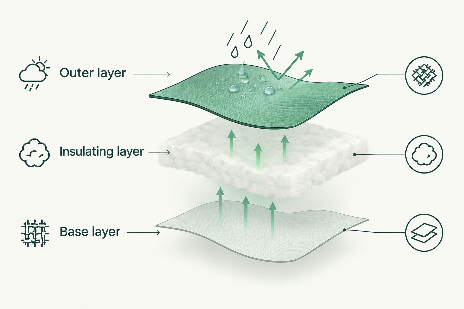 Three clothing roles: base layer, insulating layer and outer layer
