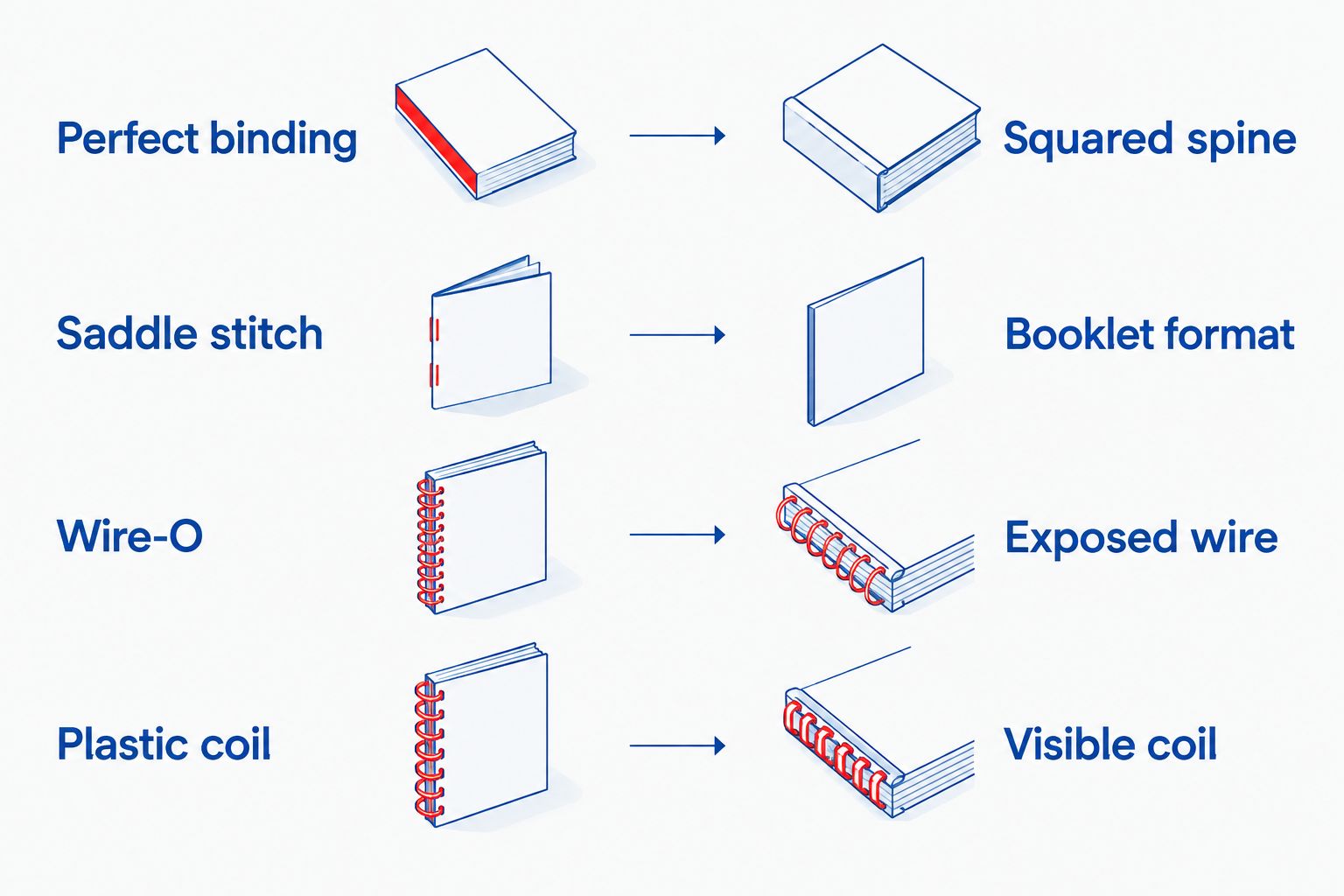 Comparison of perfect binding, saddle stitch, Wire-O, and plastic coil binding edges