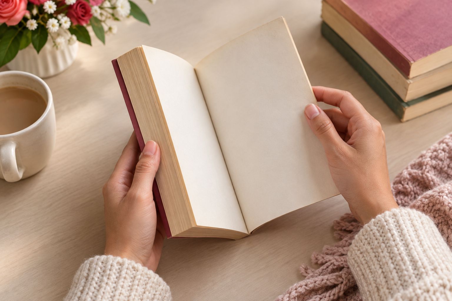 Hands examining a used paperback's spine, page edges, and endpaper before gifting it.