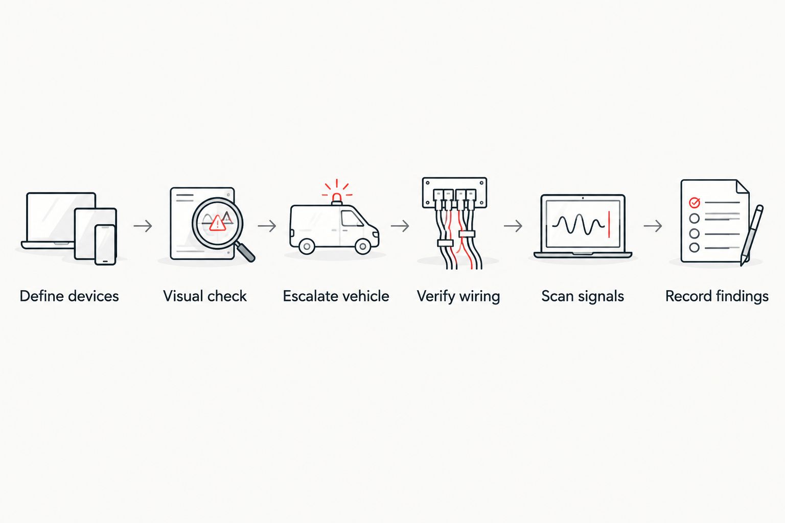Six-step rental vehicle GPS tracker sweep from device records through documented findings