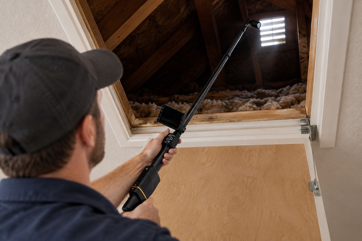 Technician using a telescopic pole camera to inspect an attic access point