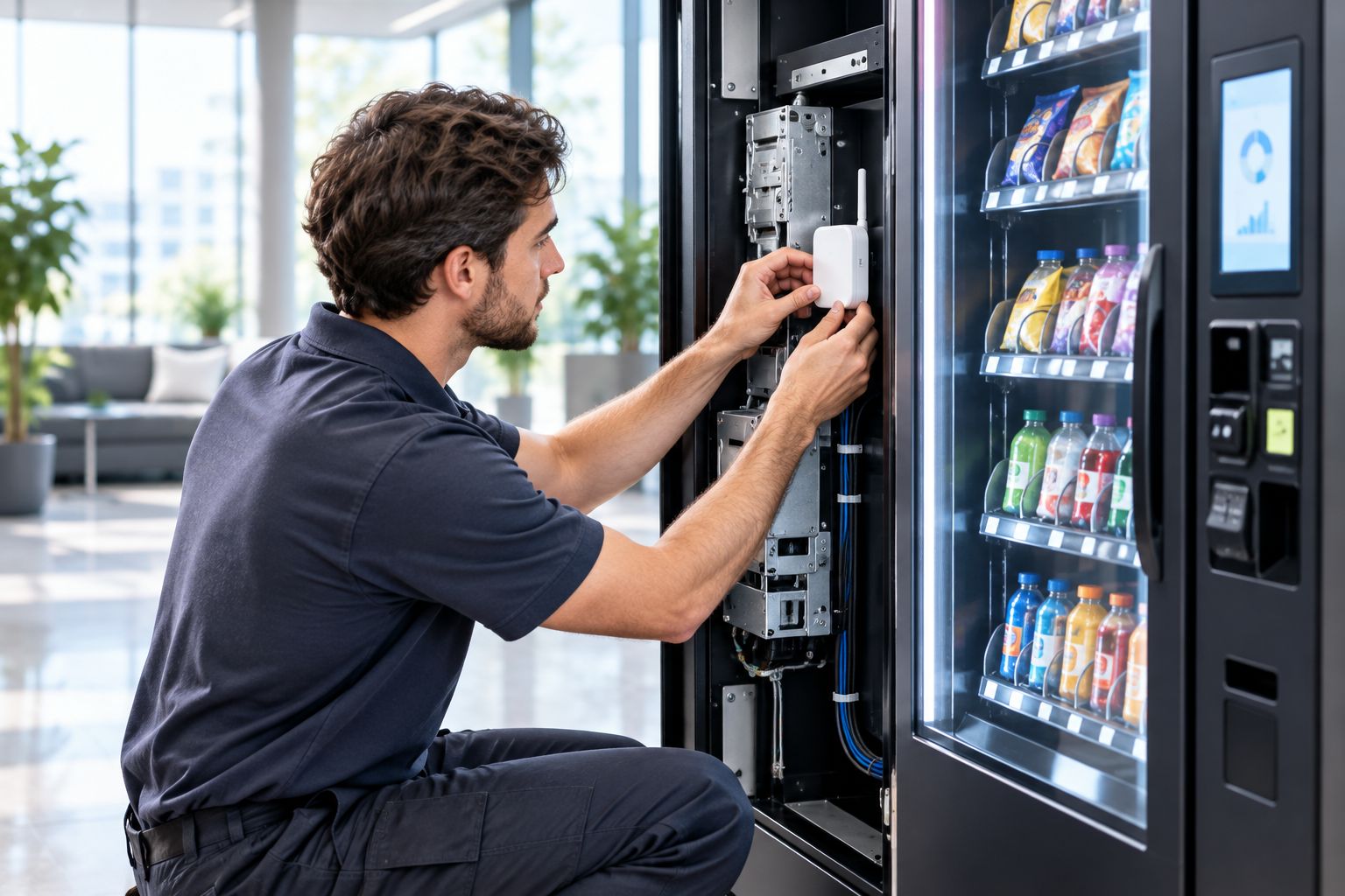 Technician installing a wireless telemetry sensor inside a vending machine service panel