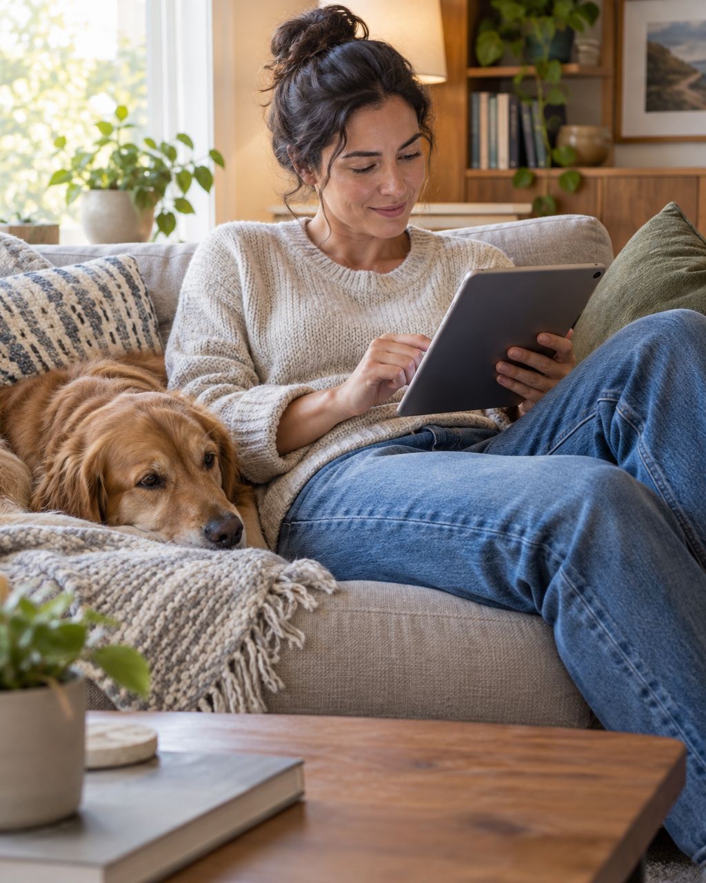 Homeowner reading reviews on a tablet at home with a dog resting nearby