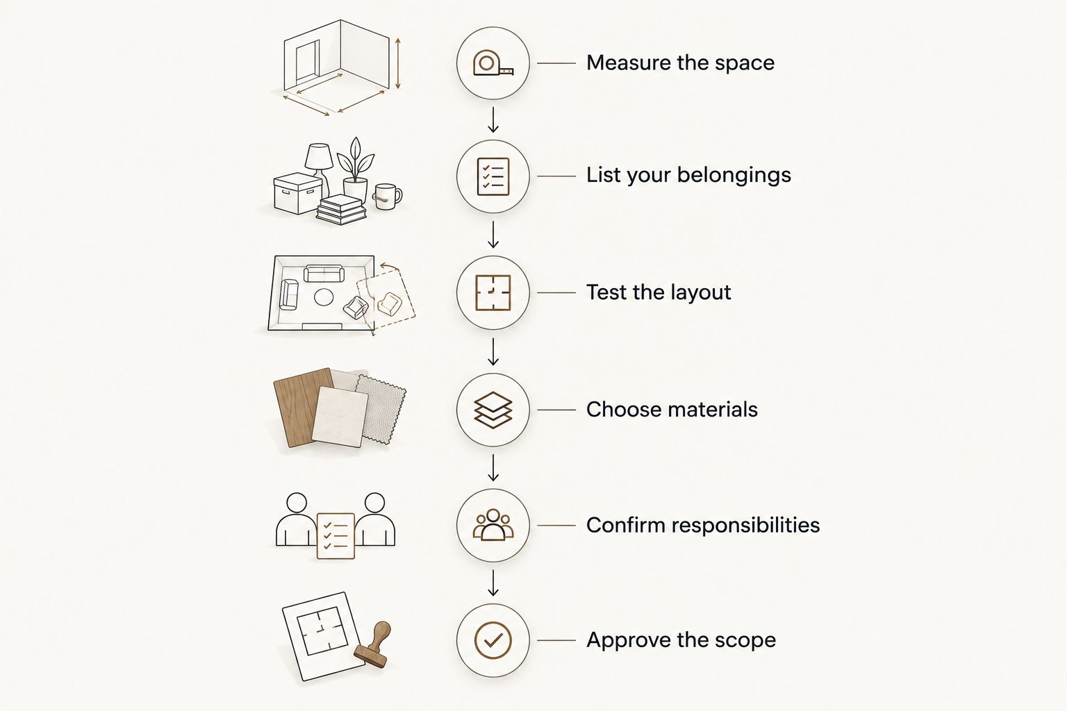 Closet planning sequence from measuring the bedroom to approving the installation scope
