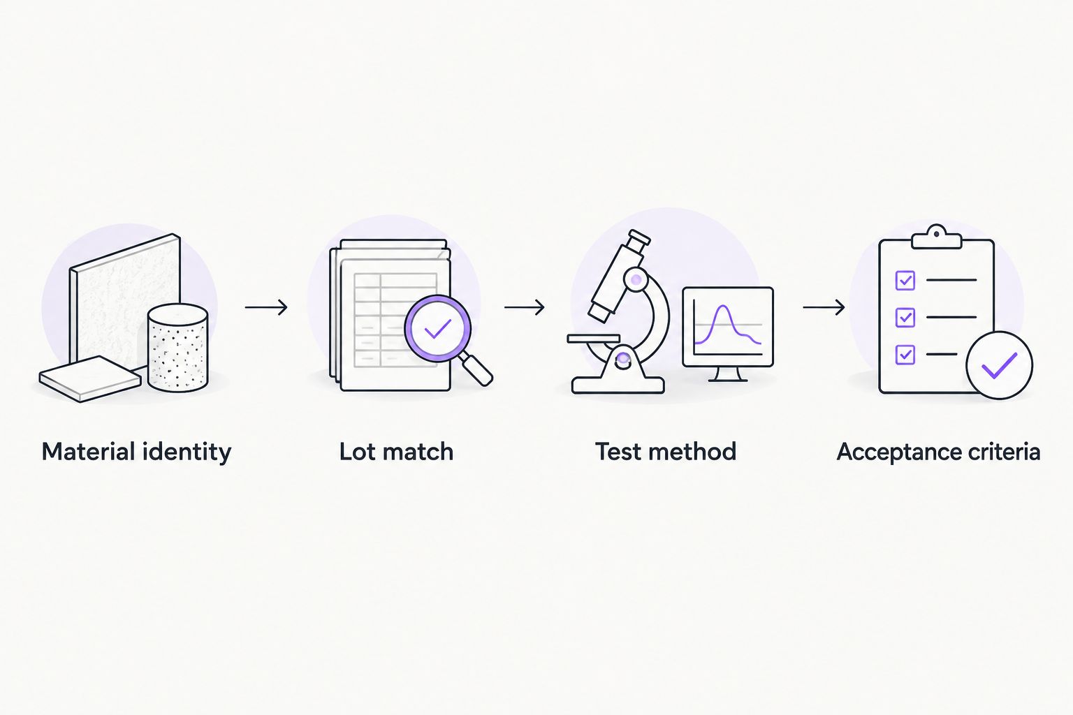 Analytical-document review from material identity through acceptance criteria