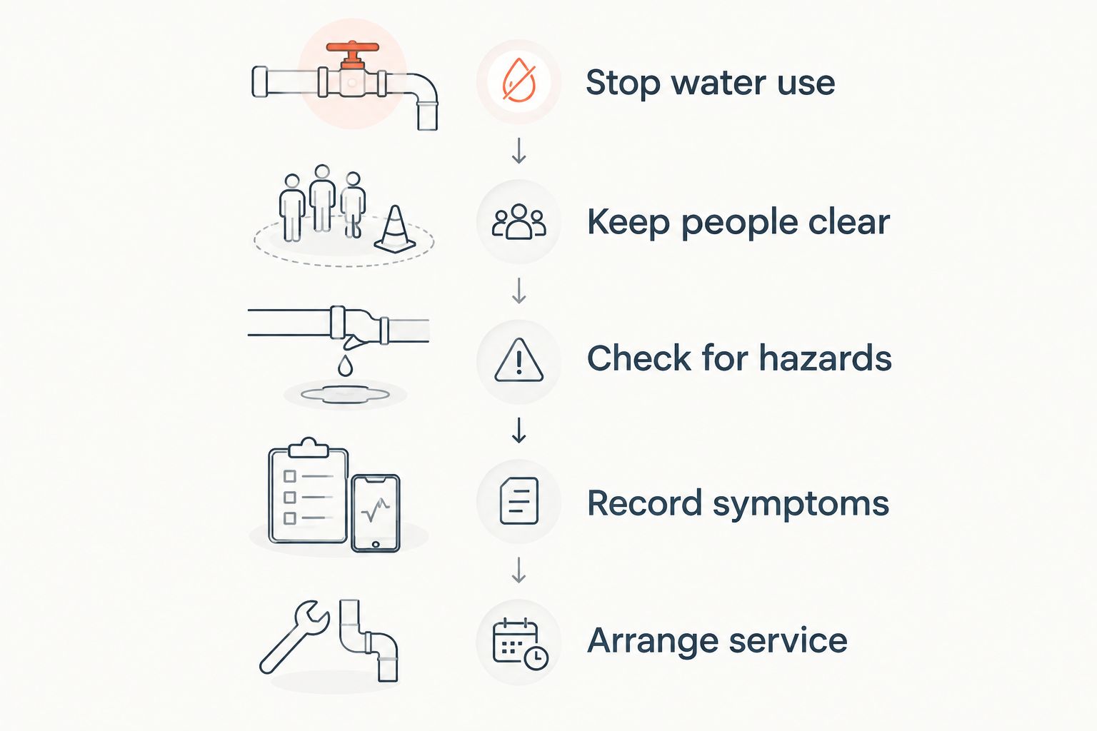 Steps for responding to a drain backup, from stopping water use to arranging service