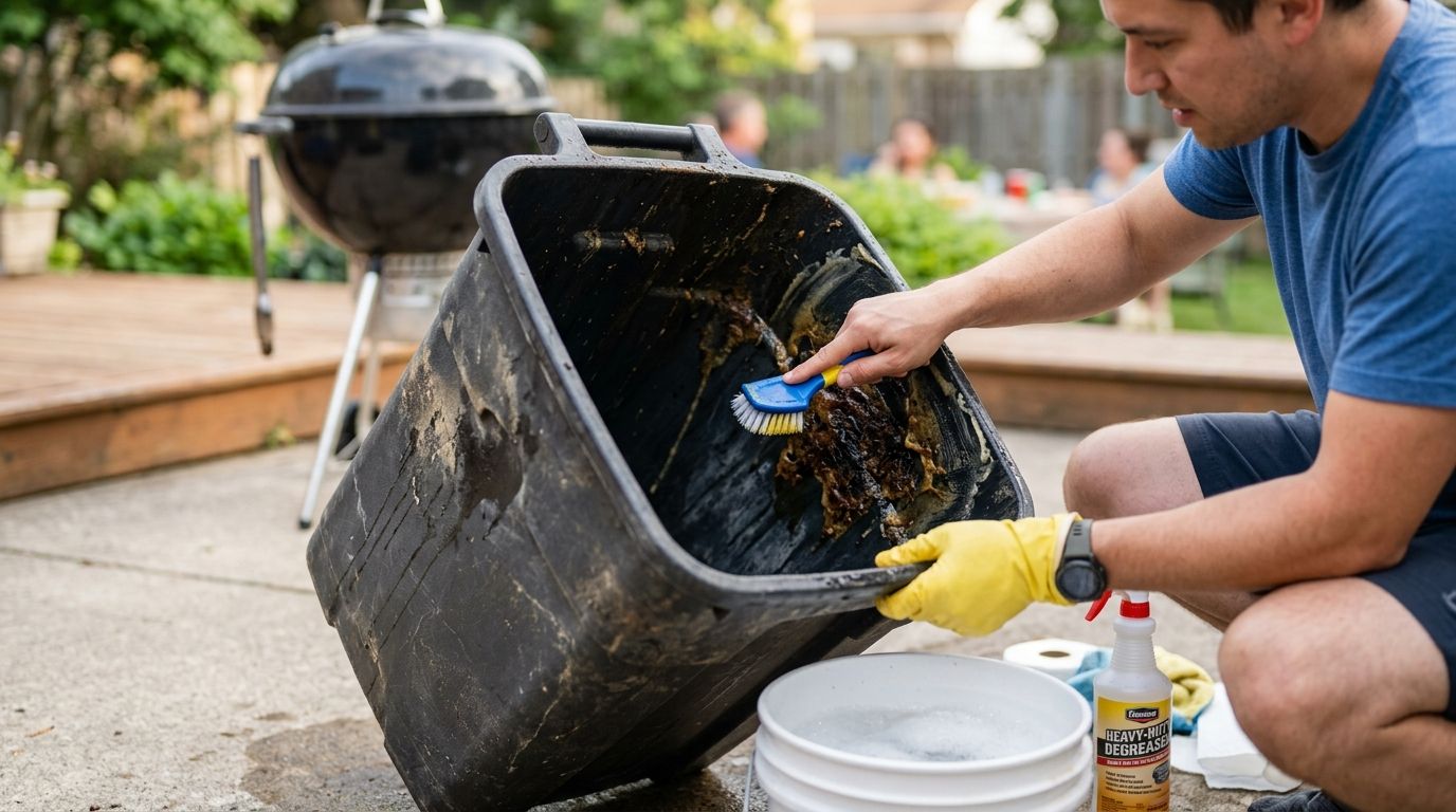 How to remove hardened grease from a trash can after cookouts