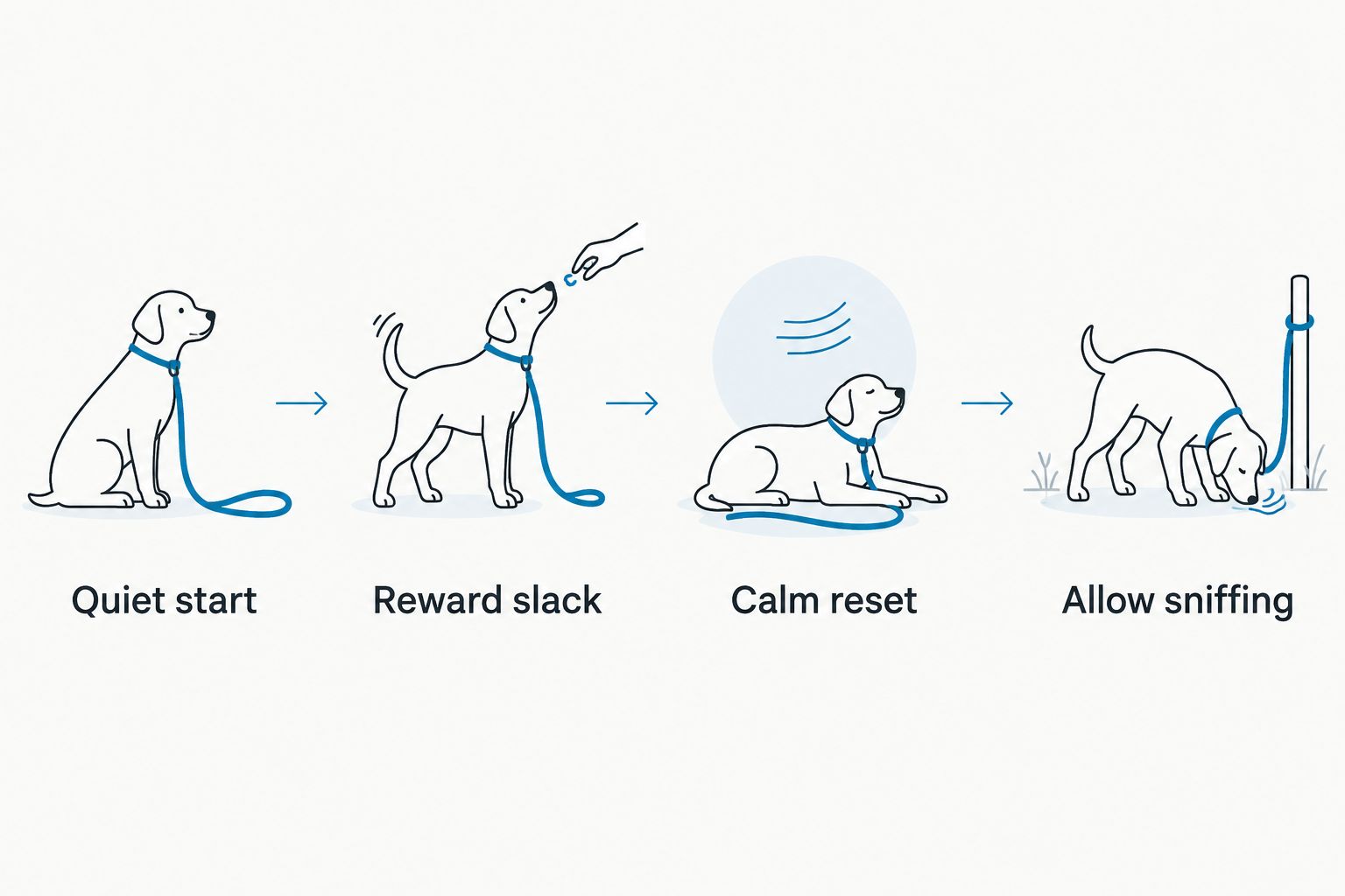 Training steps showing a quiet start, rewarding slack, resetting calmly, and allowing sniffing