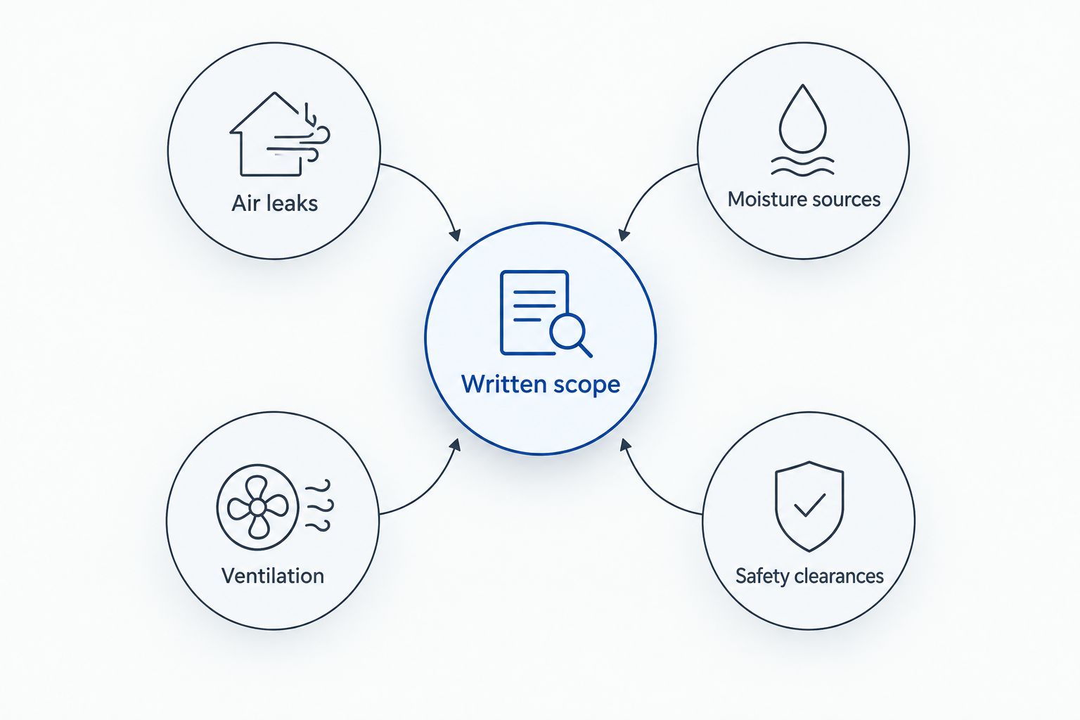 Written insulation scope connected to air leaks, moisture sources, ventilation, and safety clearances