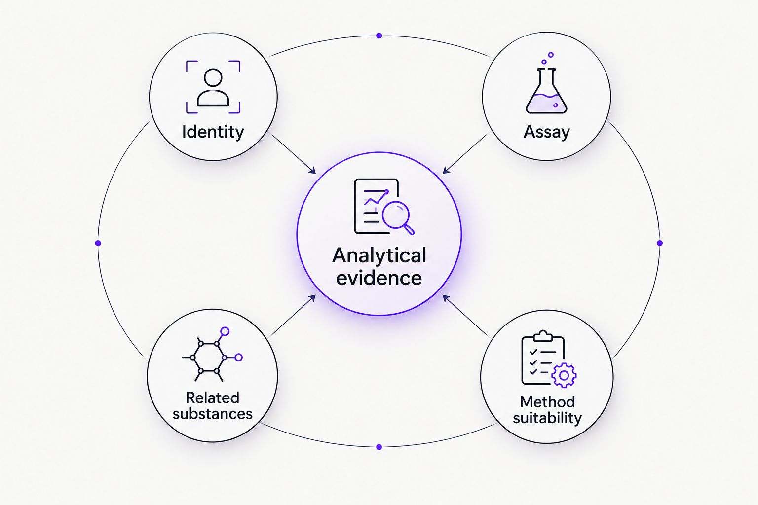 Analytical evidence requires identity, assay, related-substance assessment, and method suitability