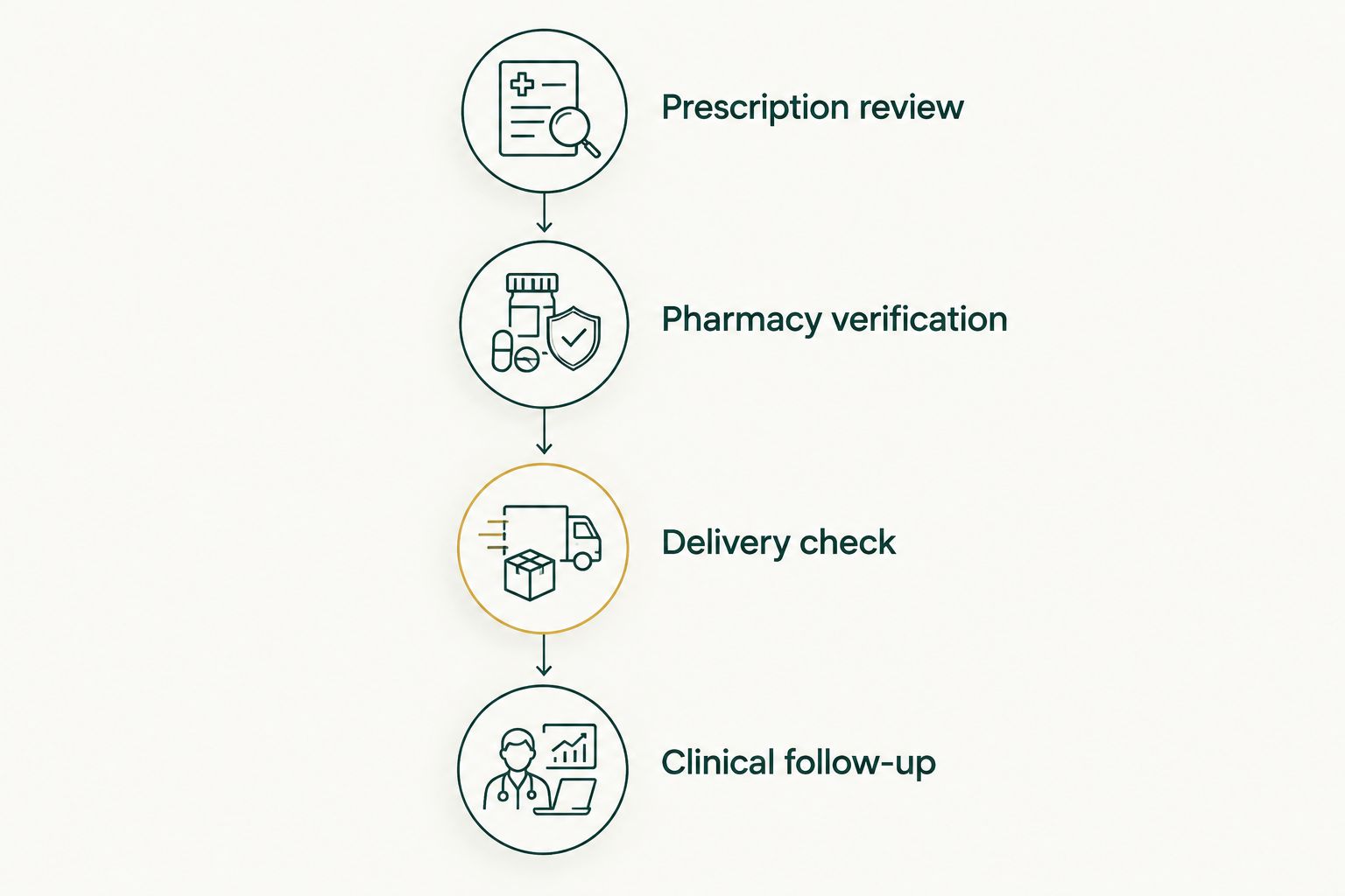Four stages connecting prescription review, pharmacy verification, delivery checks, and clinical follow-up.