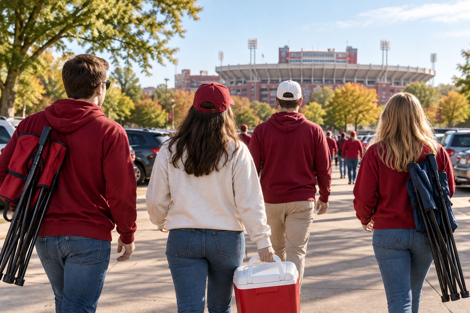 Fans walking from a parking lot toward the stadium on game day