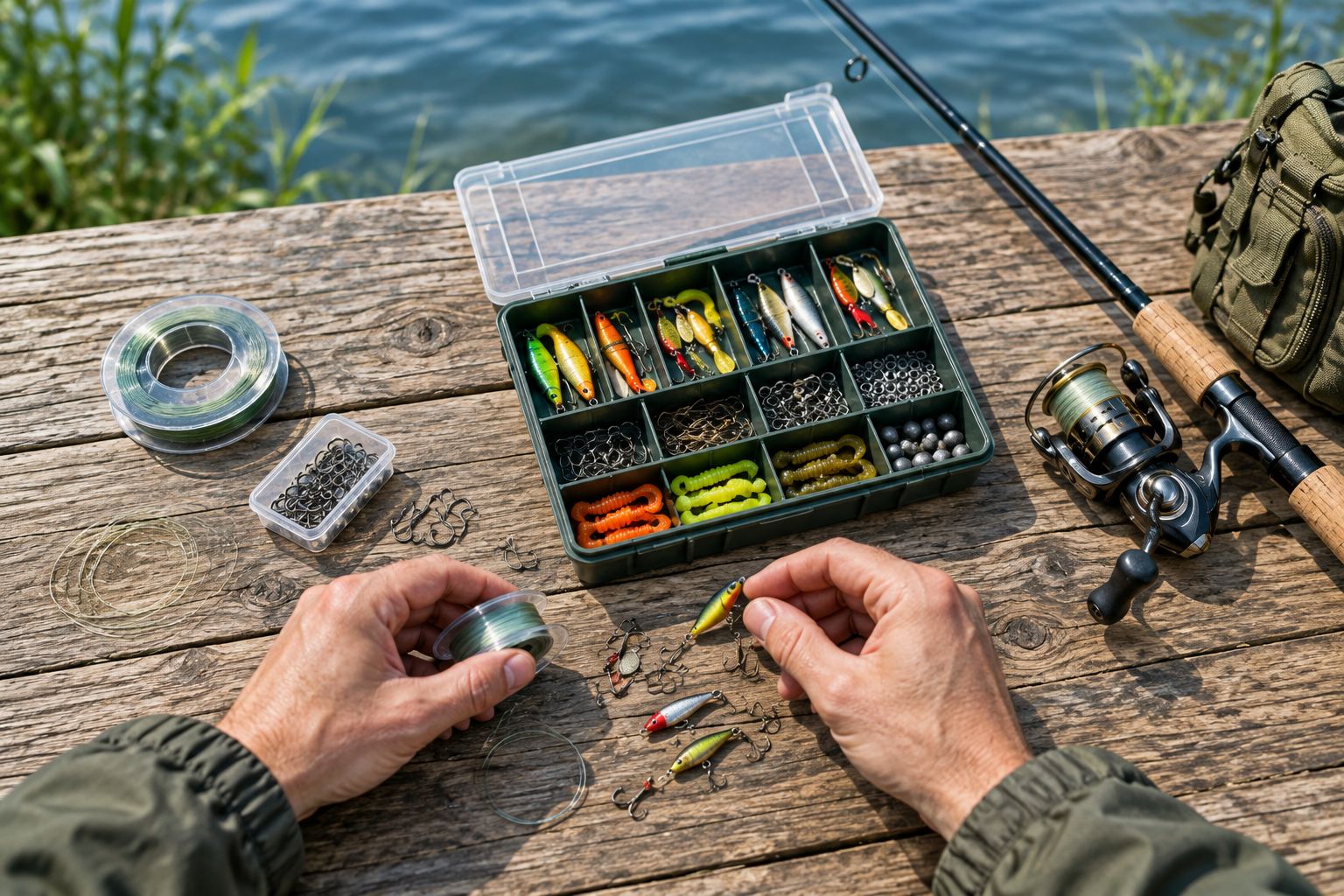 Fishing line, hooks and lures sorted beside a hand reel and compact tackle container