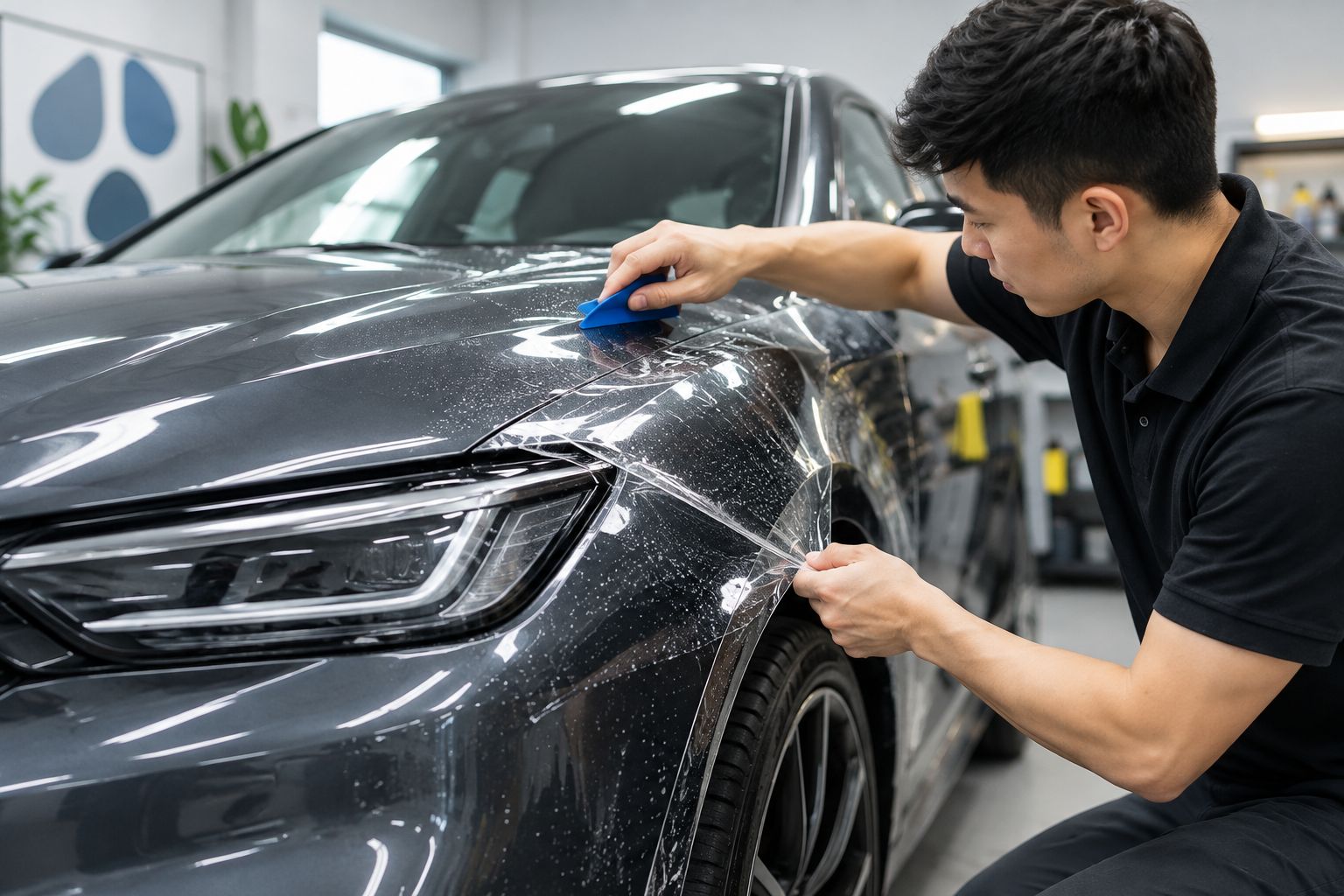 Next powered by EA Detailer Clear paint protection film positioned along the curve of a car's front wing
