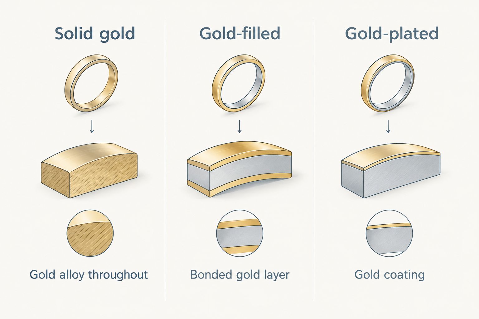 Cross-section comparison of solid gold, gold-filled, and gold-plated jewelry construction